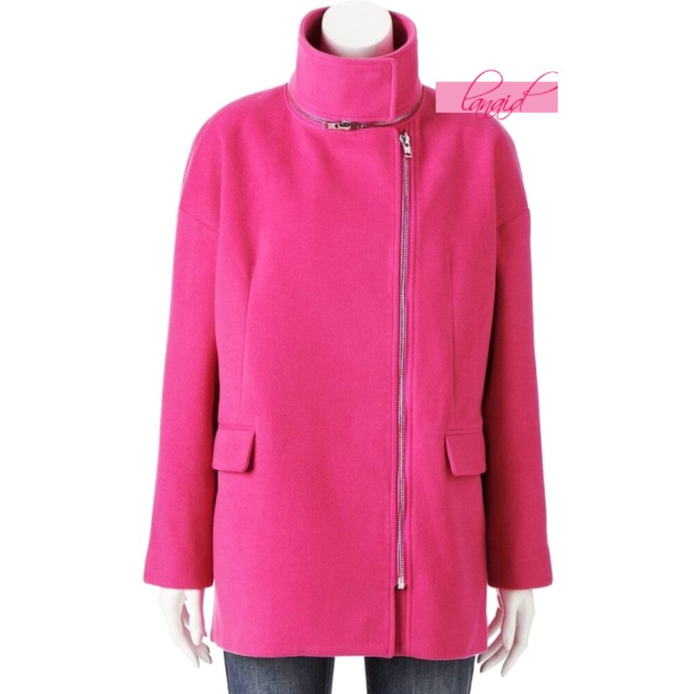 Jennifer Lopez Faux Wool Coat Hot Pink Fuchsia Moto Motorcycle Long Edgy Jacket